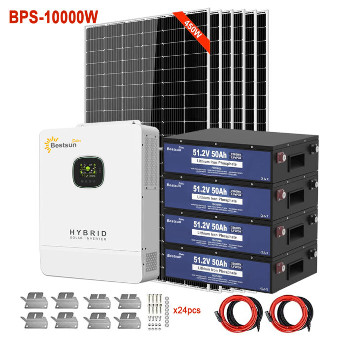 BPS-10000W Solar Power System with 2700W Solar Panels, 200Ah LiFePO4 Battery, and 120/240V Hybrid Inverter for Residential or Commercial Solar Installations