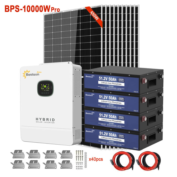 BPS-10000W Pro Solar Power System with 4500W Solar Panels, 200Ah LiFePO4 Battery, and 120/240V Hybrid Inverter for Residential and Commercial Use