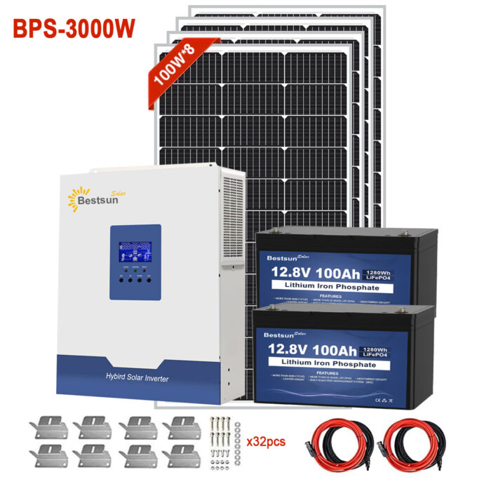 BPS-3000W Solar Power Kit for Residential Solar Systems - 800W Solar Panels, 25.6V 100Ah LiFePO4 Battery, and 120V Hybrid Inverter with Grid Switching