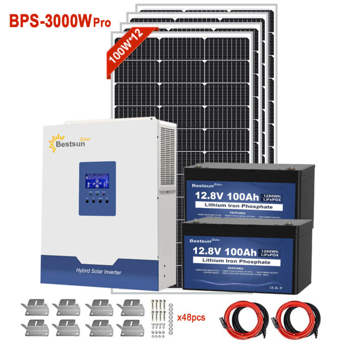 BPS-3000W Pro Solar Power System with 1200W Solar Panels for Homes, 25.6V 100Ah LiFePO4 Battery, and 120V Hybrid Inverter with Auto Grid Switching