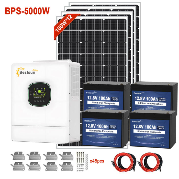 BPS-5000W Solar Power System with 1200W Solar Panels, 51.2V 100Ah LiFePO4 Battery, and 120/240V Hybrid Inverter for Homes and Solar Power Installation